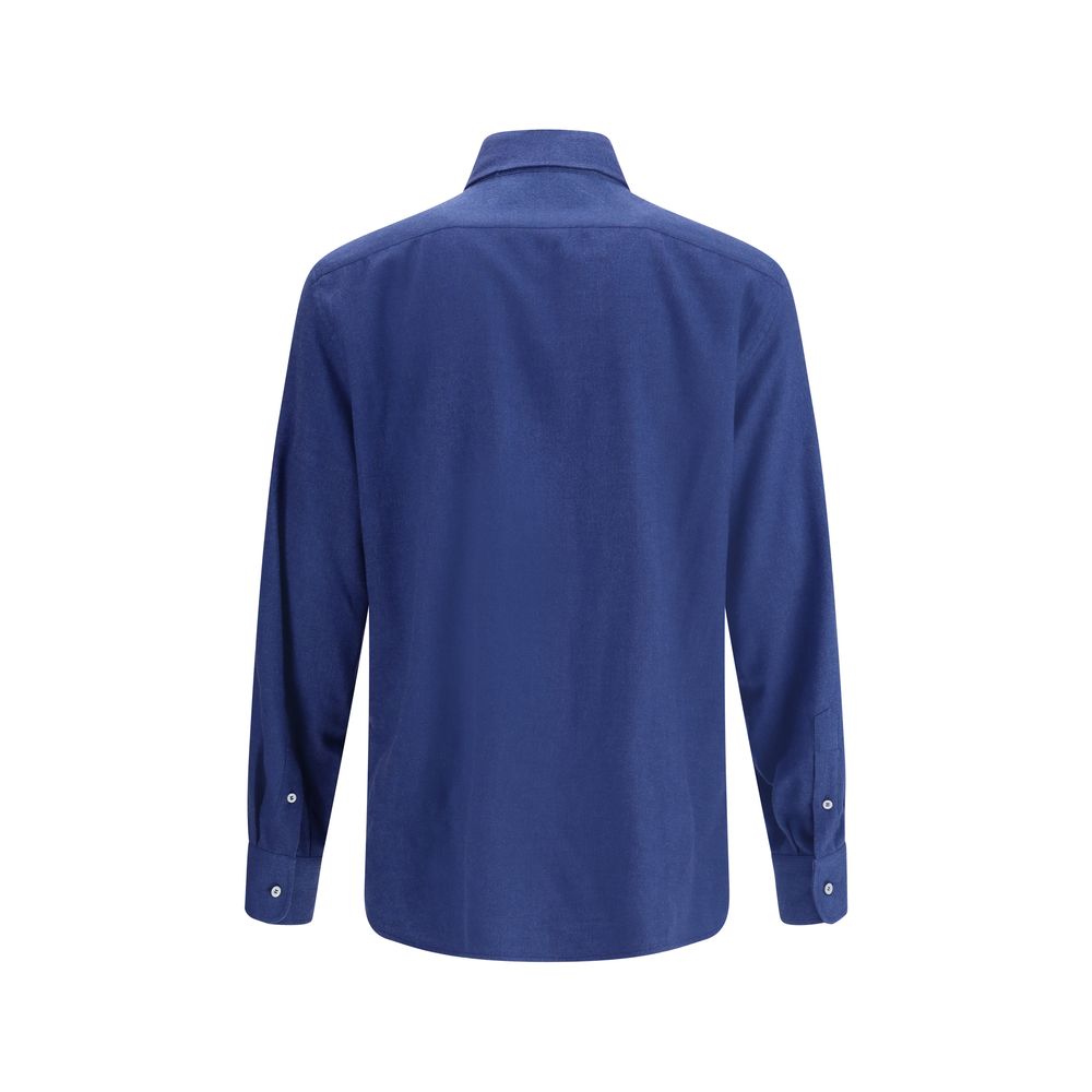 Back view of Brunello Cucinelli Blue Cotton Dress Shirt showcasing button cuffs and classic collar.