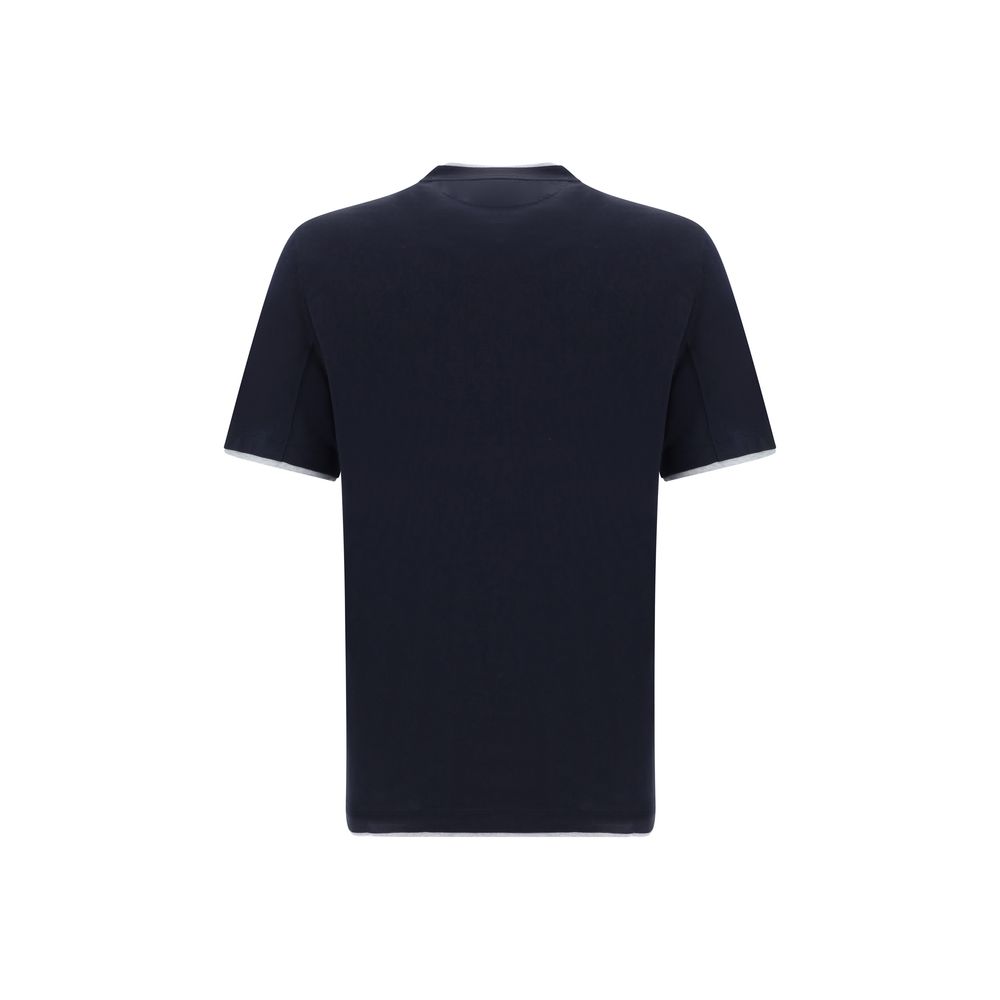 Brunello Cucinelli Blue Cotton T-Shirt with refined elegant silk design, featuring a two-tone double layer on hems.