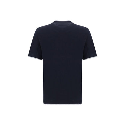 Brunello Cucinelli Blue Cotton T-Shirt with refined elegant silk design, featuring a two-tone double layer on hems.