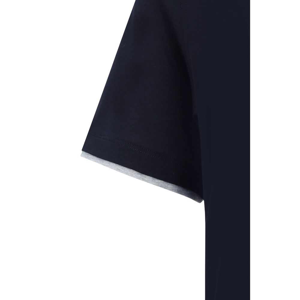 Close view of Brunello Cucinelli Blue Cotton T-Shirt sleeve detail, showcasing two-tone double layer and elegant design.