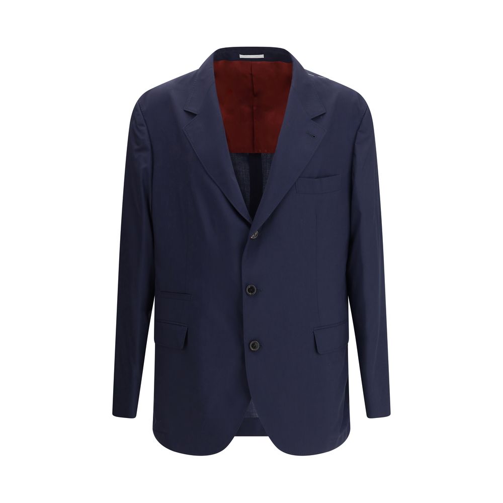 Brunello Cucinelli Blue Wool Blazer with three-button front, notch lapels, and double vent, made from wool and silk blend, AW25.
