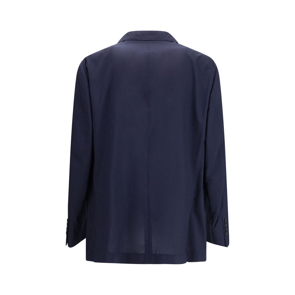 Back view of Brunello Cucinelli Blue Wool Blazer showing the double vent design and notch lapels.