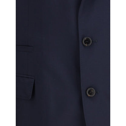 Close-up of Brunello Cucinelli Blue Wool Blazer with button detail, showcasing high-quality wool and silk blend fabric.