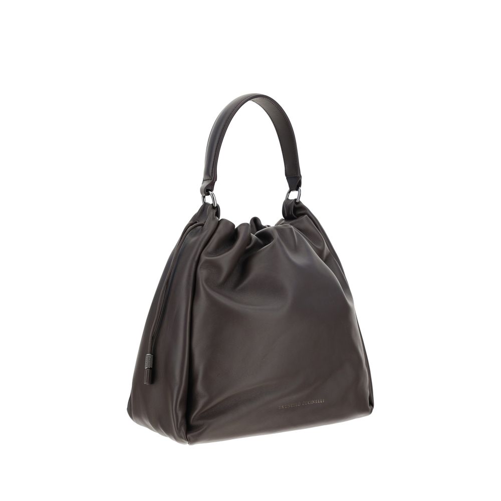 Brunello Cucinelli Brown Calf Leather Bos Taurus Shoulder Bag with drawstring closure and removable handle