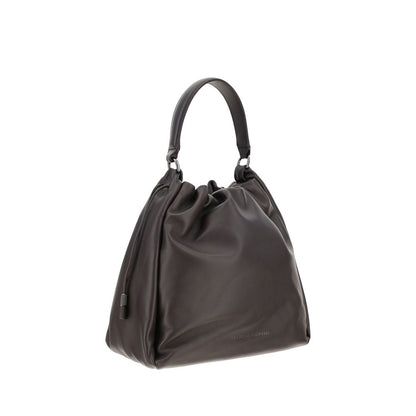 Brunello Cucinelli Brown Calf Leather Bos Taurus Shoulder Bag with drawstring closure and removable handle