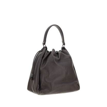 Brunello Cucinelli Brown Calf Leather Bos Taurus Shoulder Bag with drawstring closure and adjustable handle, made in Italy.