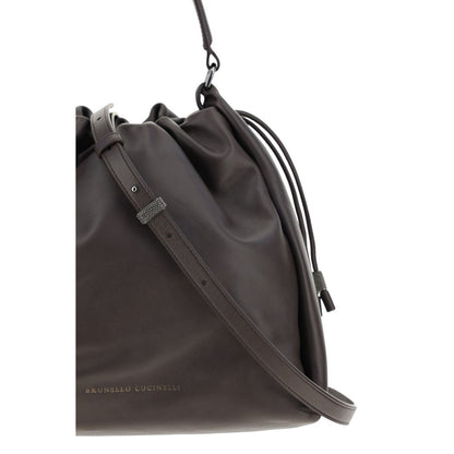 Brunello Cucinelli Brown Calf Leather Bos Taurus Shoulder Bag with adjustable handle, drawstring closure, and brand signature on front