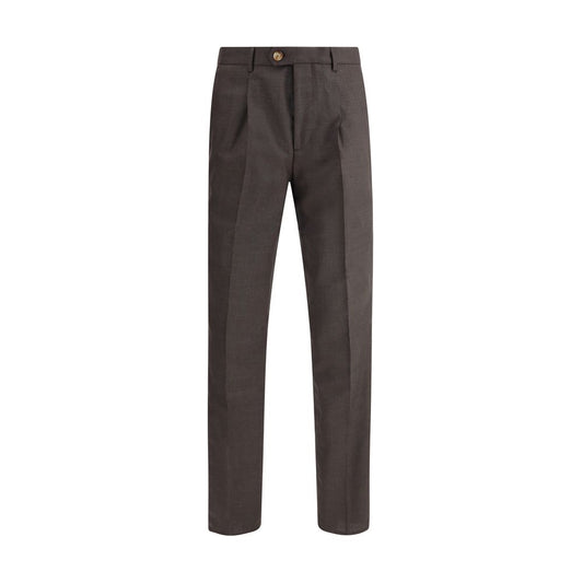 Brunello Cucinelli Brown Fleece Wool Casual Pants with button-and-zip closure, pockets, made in Italy, SS25, 100% fleece wool.