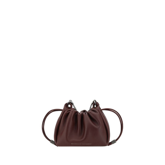 Brunello Cucinelli Bucket Mellow mini Shoulder Bag in brown leather with shiny jewelry strap and drawstring closure.