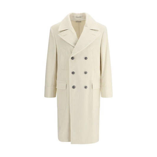 Brunello Cucinelli Cream Cashmere Coat with ribbed design, metal buttons, and classic lapel collar, showcasing elegance and sophistication.
