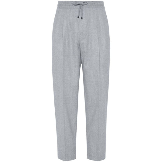 Brunello Cucinelli Drawstring trousers in beluga grey virgin wool with tapered leg and elasticated waistband.