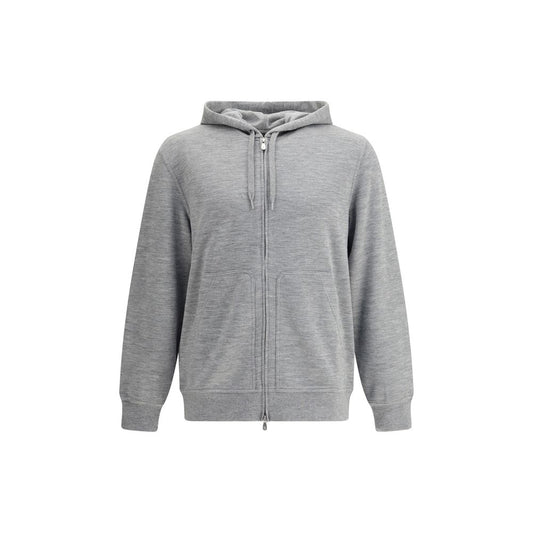 Brunello Cucinelli Gray Cashmere Sweatshirt with hood and double-slider zipper, featuring ribbed cuffs and front patch pockets for a sleek look.