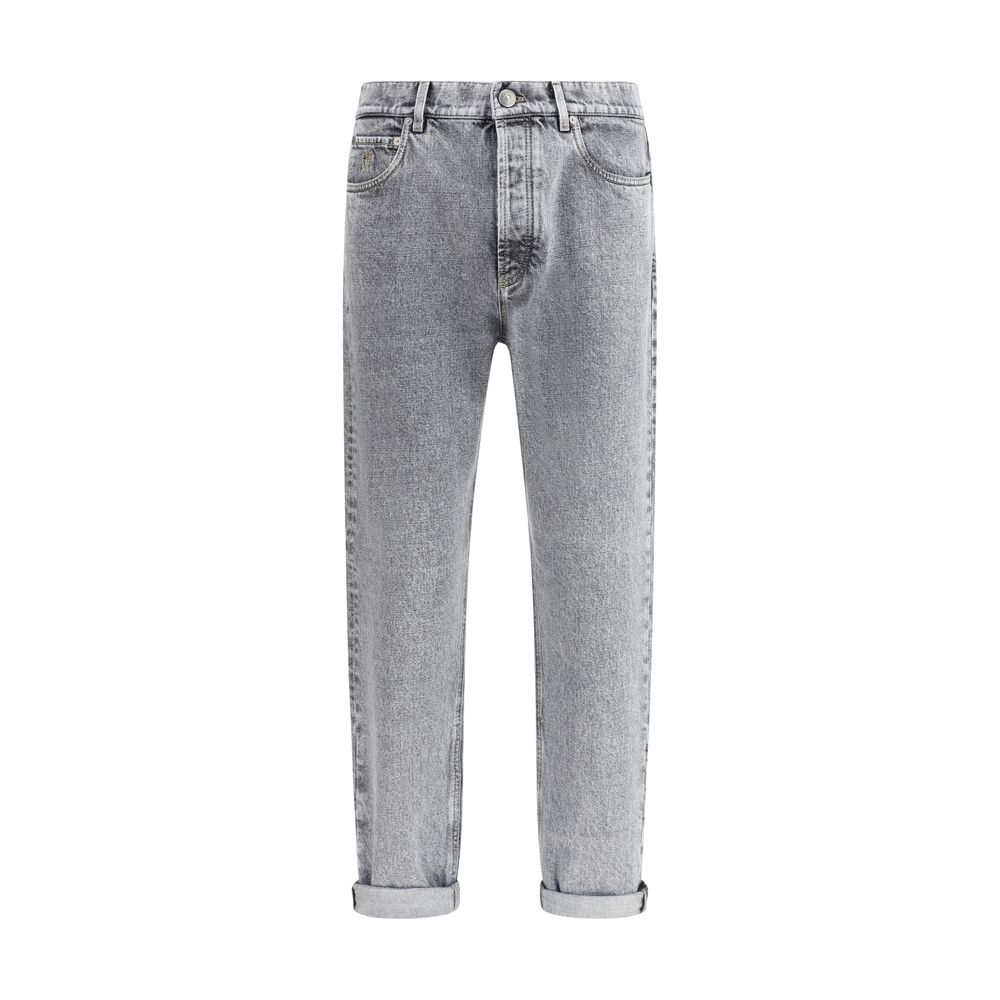 Brunello Cucinelli Gray Cotton Straight-Leg Jeans with front and back pockets, metal button, high-waisted fit, 100% cotton.