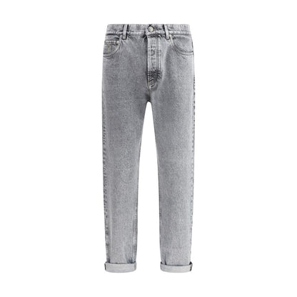 Brunello Cucinelli Gray Cotton Straight-Leg Jeans with front and back pockets, metal button, high-waisted fit, 100% cotton.