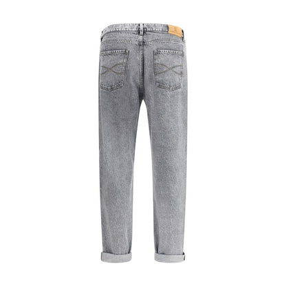 Back view of Brunello Cucinelli Gray Cotton Straight-Leg Jeans featuring back patch pockets and regular fit design.