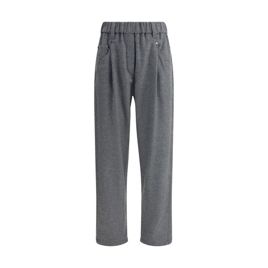 Brunello Cucinelli Gray Fleece Wool Casual Pants with elastic waistband and five-pocket design for comfort and versatility.