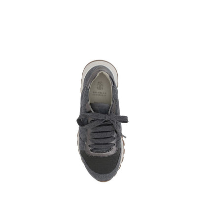 Top view of Brunello Cucinelli Gray Fleece Wool Sneakers with lace-up closure and shiny bead detail, showcasing the elegant design.