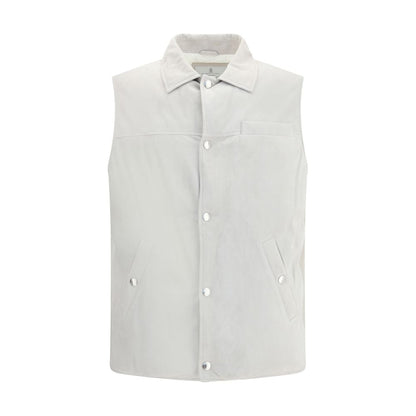 Brunello Cucinelli Gray Leather Jacket with snap-button closure, shirt collar, breast pocket, and welt pockets for style and function.