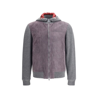 Brunello Cucinelli Gray Wool Jackets And Coat with English knit, suede yoke, padded interior, and lined hood featuring adjustable drawstrings.