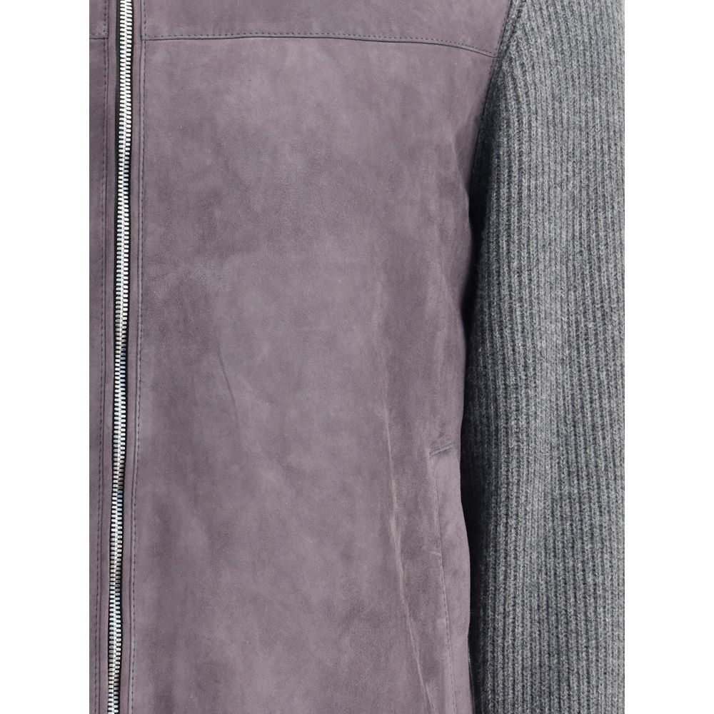 Close-up of Brunello Cucinelli Gray Wool Jackets And Coat, featuring suede front, rib knit sleeve, and zipper closure for sophisticated style.