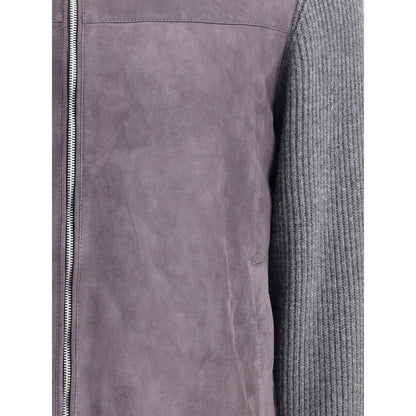 Close-up of Brunello Cucinelli Gray Wool Jackets And Coat, featuring suede front, rib knit sleeve, and zipper closure for sophisticated style.