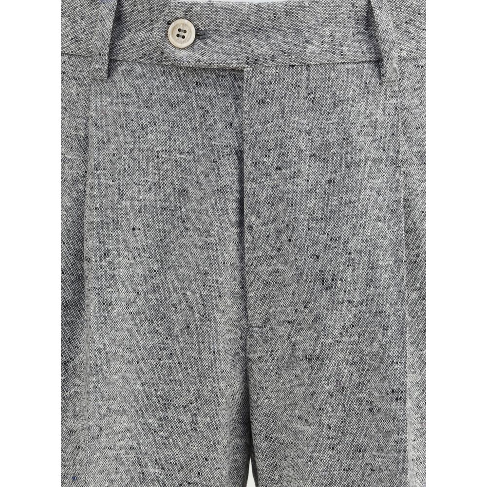 Close-up of Brunello Cucinelli Gray Wool Two-Piece Suit pants showcasing heathered texture and button detail.