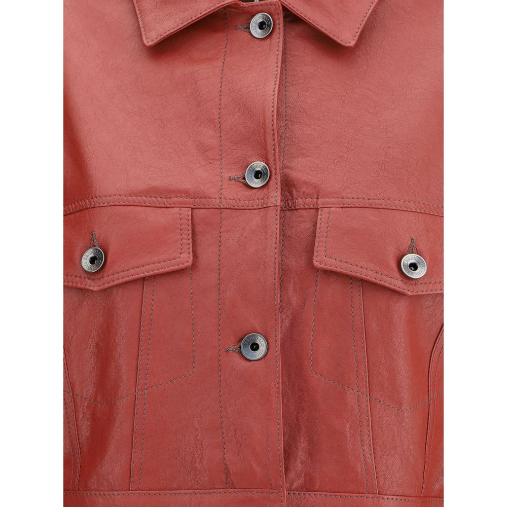 Brunello Cucinelli Leather Jacket with collar and front buttons, featuring two patch pockets for a classic and sophisticated style.