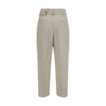 Back view of Brunello Cucinelli Linen Pants with buckle-adjustable belt and back pockets, showcasing modern refined silhouette.