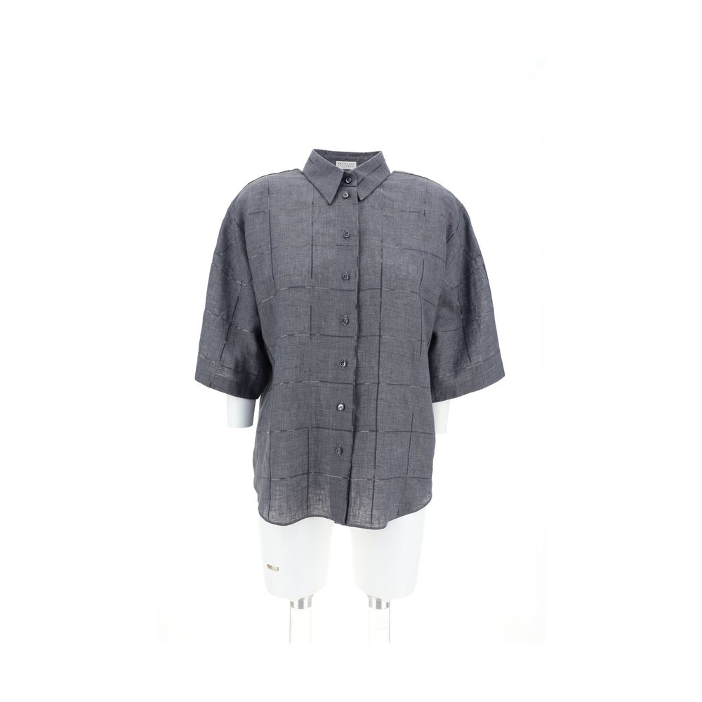 Brunello Cucinelli Linen Shirt with short sleeves, classic collar, and sequins. Made in Italy. Lightweight and elegant. SS25 collection.