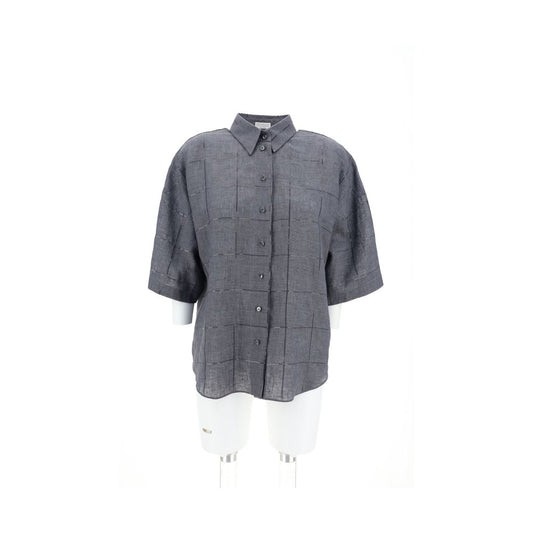 Brunello Cucinelli Linen Shirt with short sleeves, classic collar, and sequins. Made in Italy. Lightweight and elegant. SS25 collection.