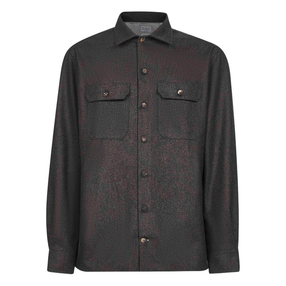 Brunello Cucinelli Long-sleeve flannel overshirt, brown wool with buttoned cuffs, polo collar, and chest pockets.