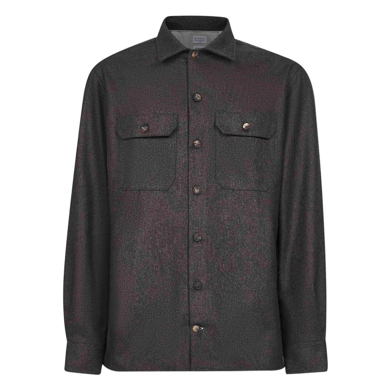 Brunello Cucinelli Long-sleeve flannel overshirt, brown wool with buttoned cuffs, polo collar, and chest pockets.