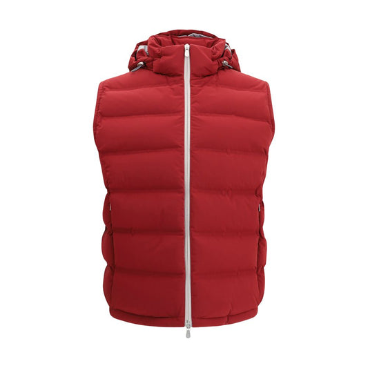 Brunello Cucinelli Red Polyester Jackets And Coat with removable hood and zip, elegant and functional design.
