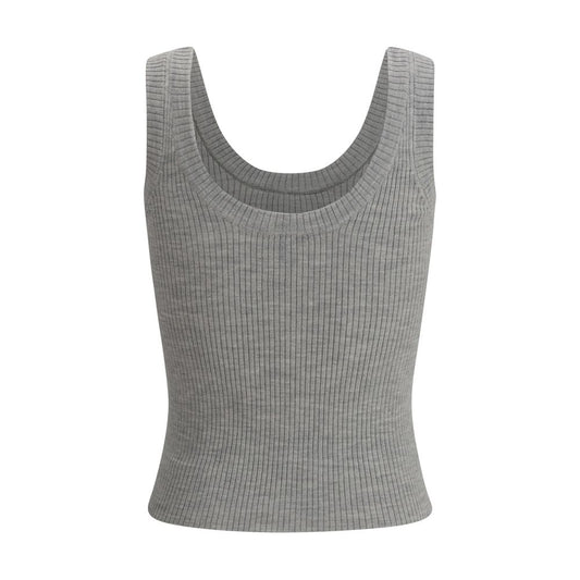 Brunello Cucinelli Ribbed tank Top with round neckline and mélange pattern, made of wool and cashmere, SS25 collection, slim fit.