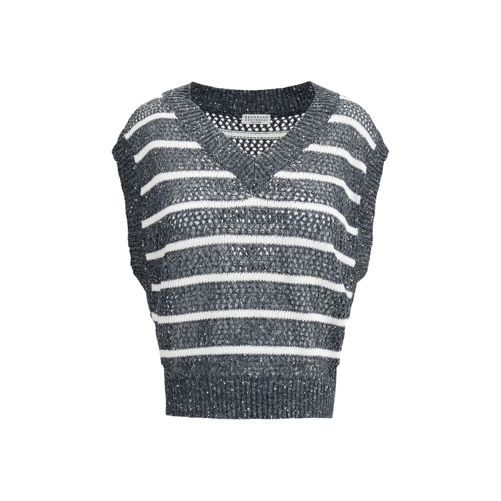 Brunello Cucinelli Striped Vest with micro sequins and ribbed hems, featuring a sophisticated V-neck design in loose weave.