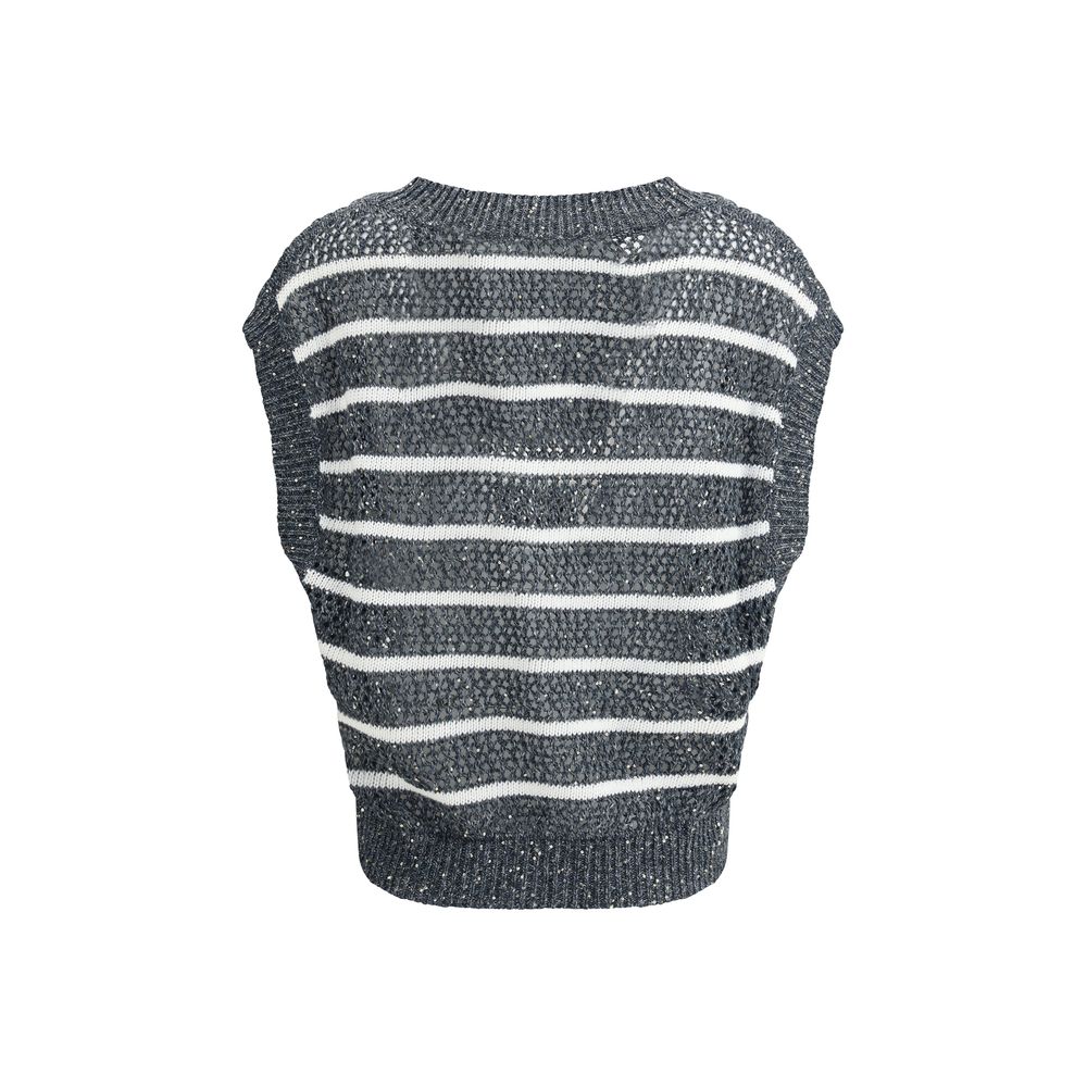Brunello Cucinelli Striped Vest with V-neckline and ribbed hems, featuring a luminous striped pattern with micro sequins.