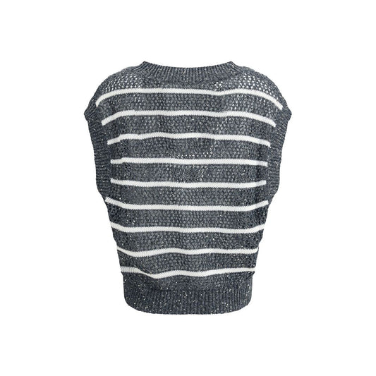 Brunello Cucinelli Striped Vest with V-neckline and ribbed hems, featuring a luminous striped pattern with micro sequins.