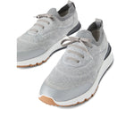 Brunello Cucinelli Techno cotton knit runners in light grey with rubber heel insert and textured sole.