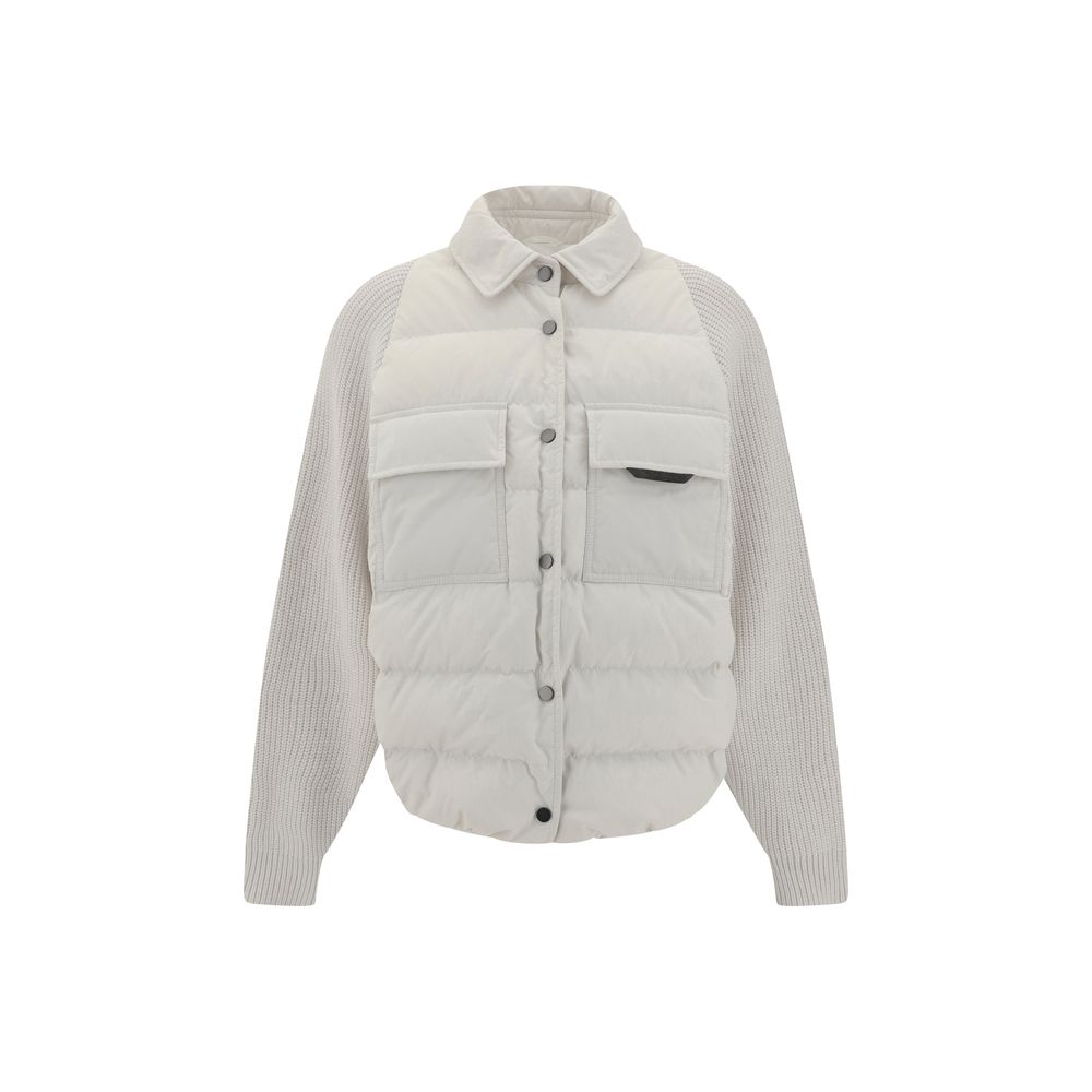 Brunello Cucinelli White Polyamide Coat with quilted design and classic collar.