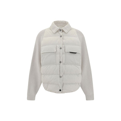 Brunello Cucinelli White Polyamide Coat with quilted design and classic collar.