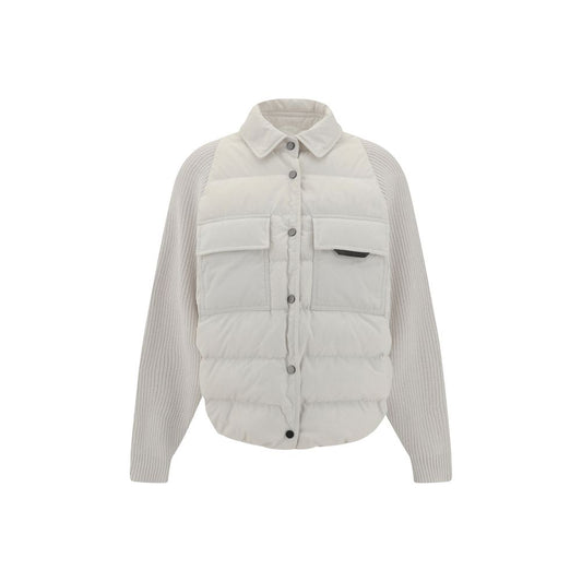 Brunello Cucinelli White Polyamide Coat with quilted panels and classic collar featuring flap patch pockets for a stylish, warm look.