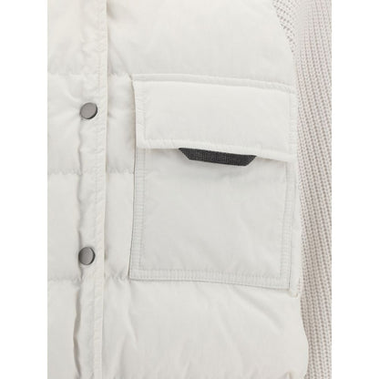 Close-up of Brunello Cucinelli White Polyamide Coat with quilted front and jewelry detail on pocket.