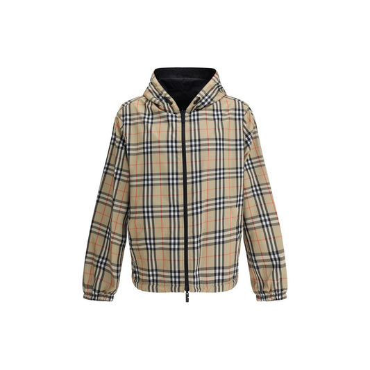 Burberry Archive Check reversible Jacket featuring iconic check pattern and hood, offering two stylish looks in one versatile garment.