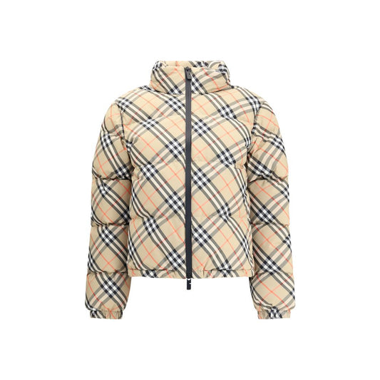 Burberry Beige Polyester Coat with iconic check pattern, zipper closure, and packaway hood for a contemporary, functional look.