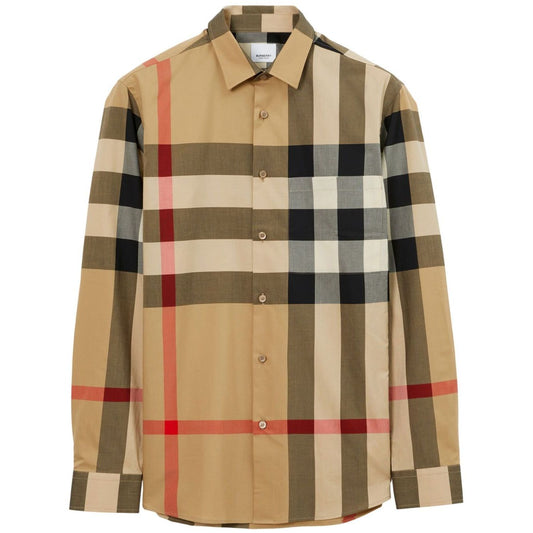 Alt Tag: Burberry Check cotton shirt in archive beige with check print, classic collar, button fastening, and curved hem.