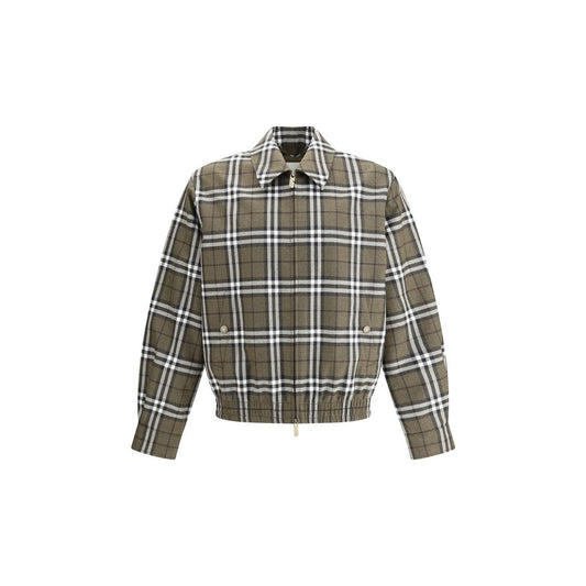 Burberry Green Wool Bomber featuring check pattern, double-slider zipper, and adjustable button cuffs for elegant style.