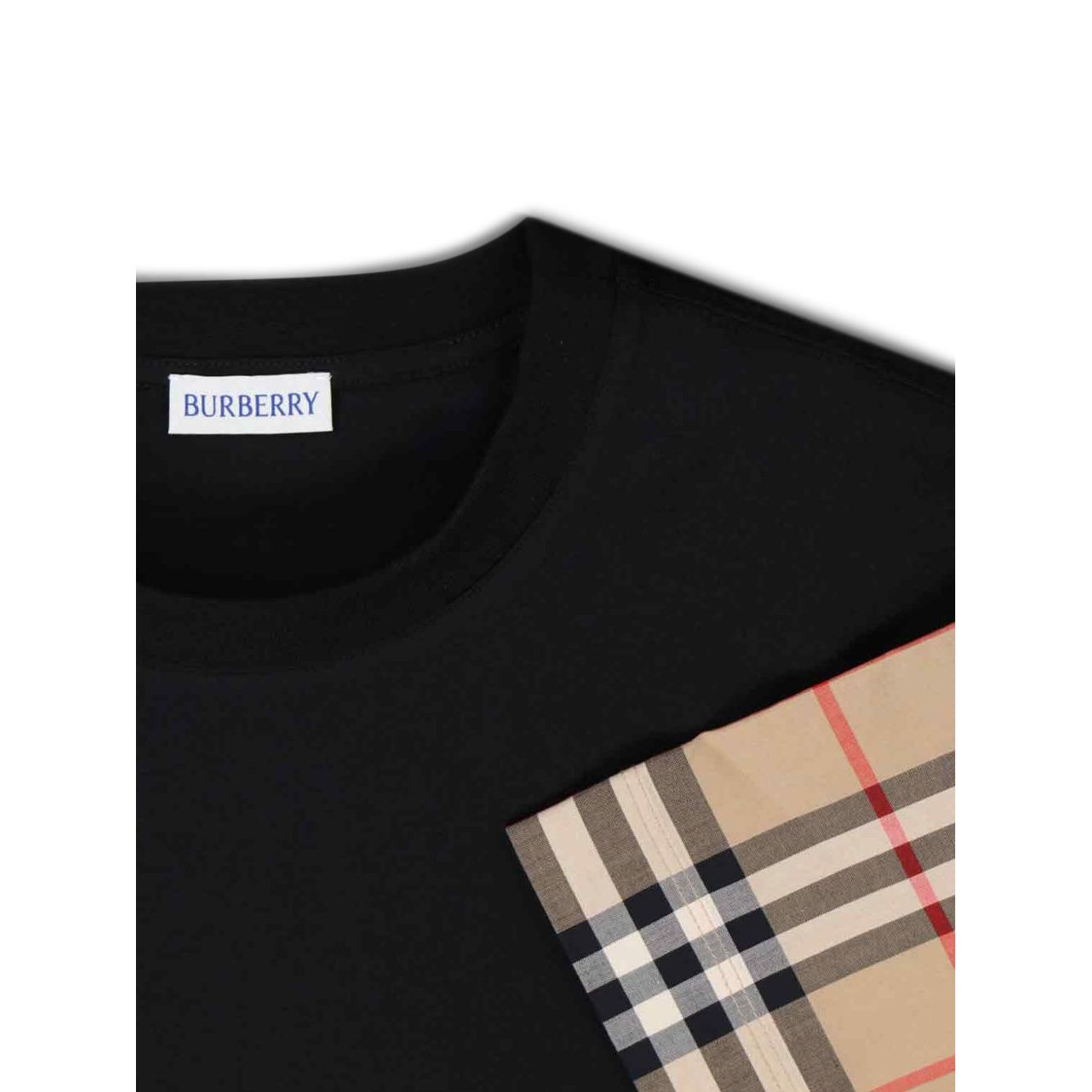 Burberry Vintage Check-sleeve T-shirt with black cotton and classic check pattern sleeve detail, crew neck design.