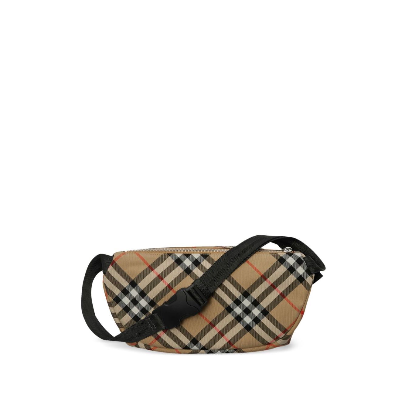 Burberry Vintage check belt bag with archival beige pattern, front zip closure, and adjustable waist strap for versatile fashion.