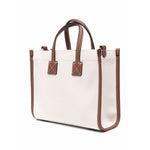 Burberry mini tote bag in cream with brown leather trim and gold-tone hardware, featuring top handles and a detachable shoulder strap.