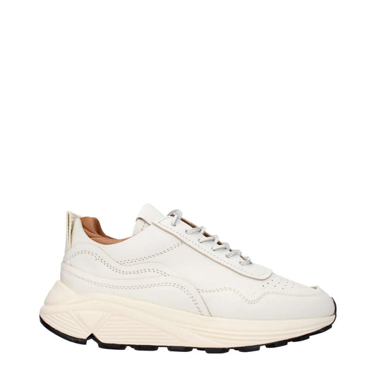 Buttero White Leather Low Top Sneakers with logo details, lace-up closure, round toe, and rubber sole. Casual style with mid heels.